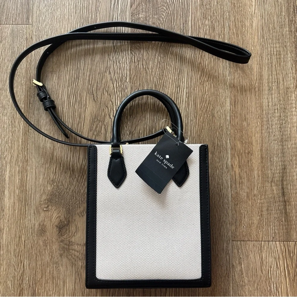 NWT KATE SPADE ELLIE MINI CANVAS  TOTE / CROSSBODY BLACK KK235 - Picture 4 of 9